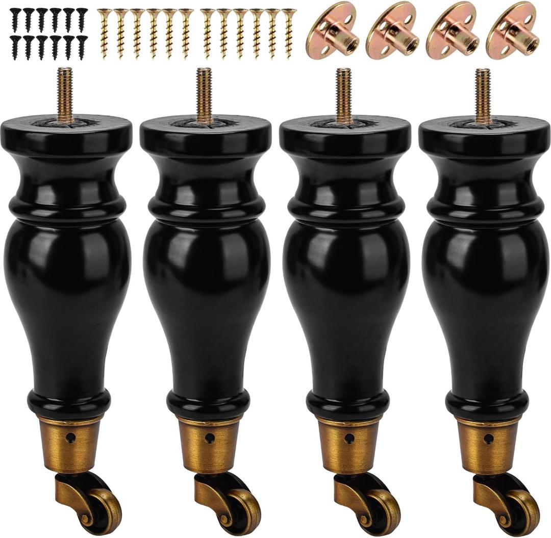 9 inch / 22cm Wooden Furniture Legs with Casters Wheels, Pack of 4 Classic Black Solid Wood Round DIY Replacement Bun Feet for DIY Project Sofa Couch Cabinet Ottoman Bed Riser