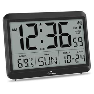 WallarGe Atomic Digital Wall Clock Battery Operated, Self-Setting, Large Display with Temperature, Date, Day of The Week, Silent Wall Mount Digital Clock, 4 Time Zones, DST