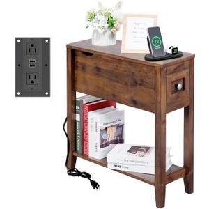 Chairside Table with Charger,Cherry End Table with Movable Top and Charging Station, Narrow Side Table with Storage Cabinet and USB, Sofa Table for Living Room Bedroom, 24" x 8.5" x 24"