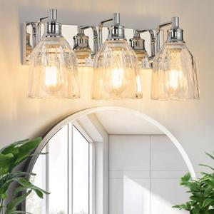 3 Light Bathroom Light Fixtures Modern Chrome Vanity Lights for Bathroom Lighting Fixtures Over Mirror with Thickened Glass Shade for Cabinet Mirror Bedroom Hallway, 18.9 inches