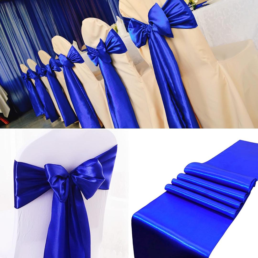 100 PCS Satin Chair Sashes Decorative Bow Satin Chair Sashes Ties Back Ribbon Bows Chairs Cover Band for Wedding Party Ceremony Reception Events Banquet Restaurant Kitchen Decor(7X108inch,Royal Blue)