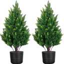 Set of 2 Artificial Cedar Topiary Trees, 27.6'' Outdoor Faux Plants Pine Shrubs with Pots, UV Resistant Realistic Fake Evergreen Cypress Bushes for Indoor Front Porch Door Offices Home Decor