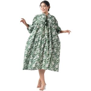 Rifle Green Hand Block Printed Boho Cotton Midi Dress for Women, Floral Print Maternity-Friendly Summer Tunic with Tassel & Pockets (Green, L)