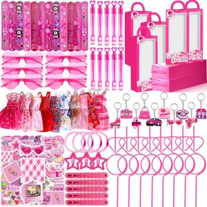152pcs Pink Party Favors for People, Birthday Party Favors Kit Keychain Bracelet Bubble Stickers Straws Heart Sunglasses Little Skirt Hot Pink Princess Birthday Party Supplies