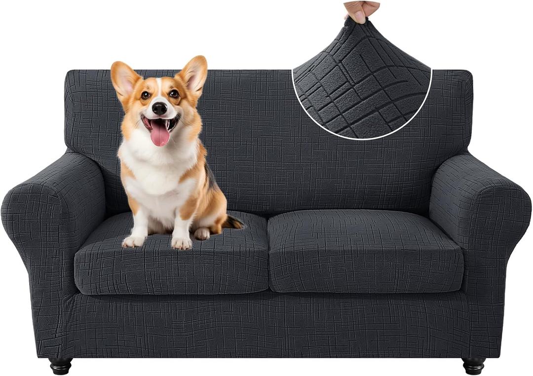 CYCMCAO 3 Piece Stretch Sofa Cover Couch Covers for 2 Cushion Couch, Loveseat Covers Stay in Place, Sofa Covers Washable with Elastic Bottom for Dogs (Charcoal Gray), 71"-91" (2 Cushion Sofa)