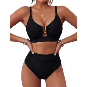 BMJL Womens High Waisted Bikini Sets Ribbed Two Piece Swimsuit V Neck Cutout Lace Up Back Bathing Suit 2026 Summer, M