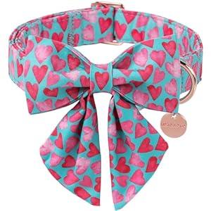 UP URARA PUP Valentine’s Day Dog Collar with Bow Tie, Pink Heart Bowtie Collar with Metal Buckle, Valentine’s Day Gift Pet Collar for Puppy Girl Boy Dog or Cat, Wedding Dog Collar, XL, Neck 16-26in