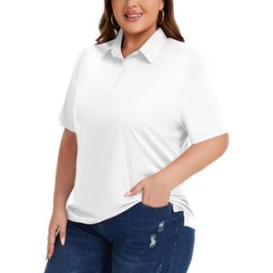 Idtswch Women's Plus Size Polo Shirts UPF 50+ Casual Work Quick Dry 3 Buttons Short Sleeve Collared Golf Shirt (White, XXL)
