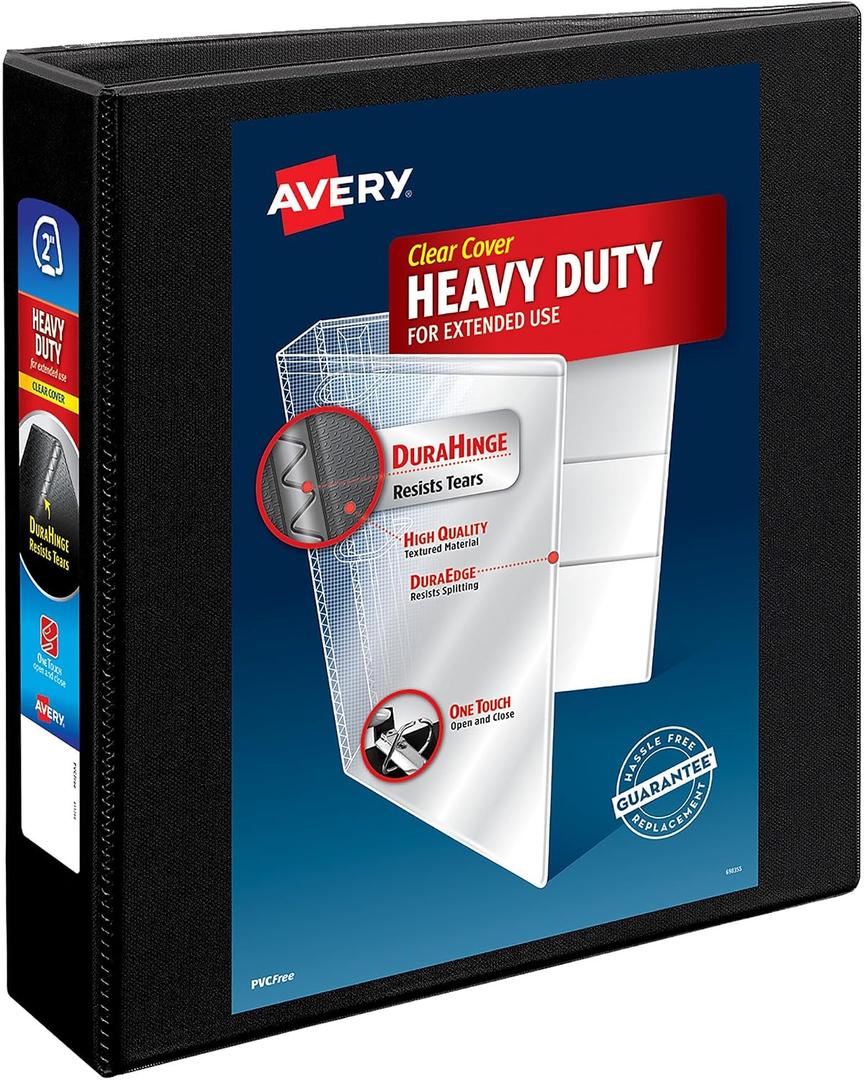 Avery Heavy-Duty View 3 Ring Binder, 2" One Touch Slant Rings, 530-Sheet Capacity, 2.8 Inch Wide Spine, Great for Home, School Supplies, Office, or Organization Needs, 1 Black Binder (05500)
