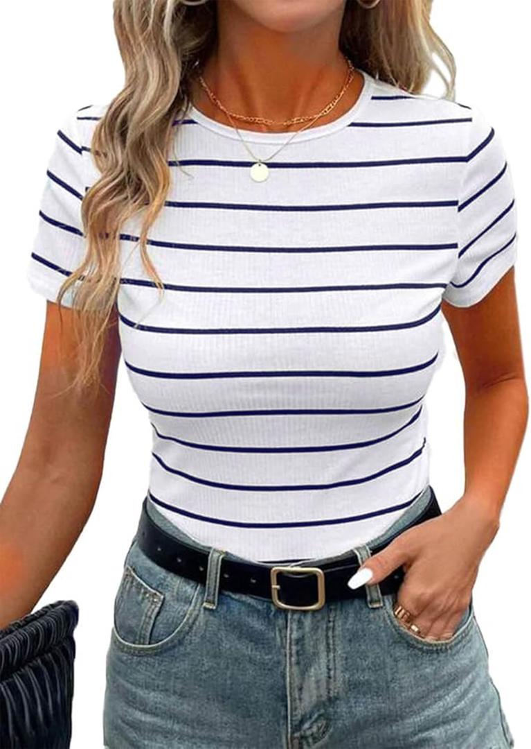 LilyCoco Womens Striped Short Sleeve T Shirts Crewneck Knitted Top Fitted Tee Blue Large (L)