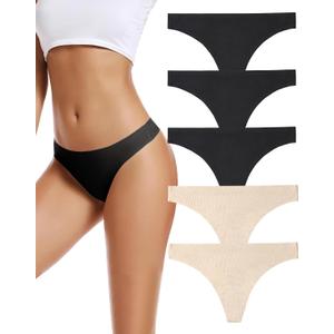 voenxe Seamless Women Underwear Thongs,No Show Ladies Thong,No Line Workout Breathable Comfortable Panties,Soft Undies,5-Pack (Black, L)