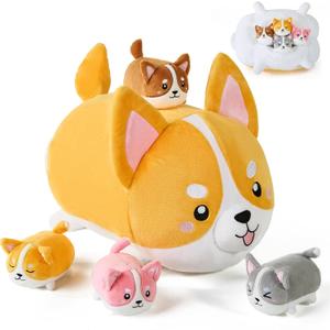 5 Pcs Corgi Dog Stuffed Animals for Kids,15.7" Mommy Dog Plush with 4 Babies Puppy Inside,Soft Corgi Shiba Inu Dog Plushies Toys Pillow Gifts for Dog Lover Christmas, Valentine's, Birthday