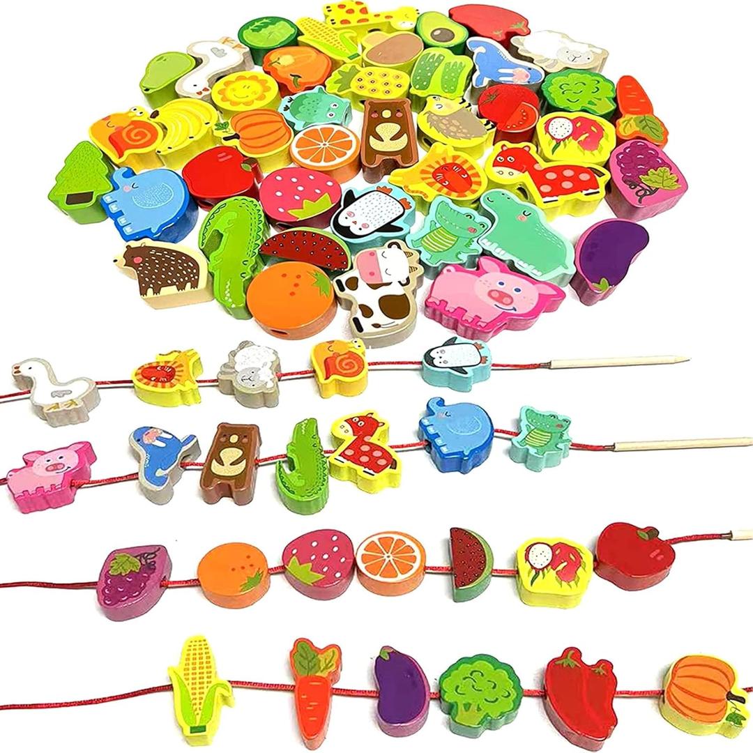 Intsinzi 46 PCS Montessori Wooden Lacing Beads Toys for Toddlers,Educational Stringing Animals Fruits Farm Threading Beads Preschool Learning Toys for Kids 3 4 5 6 Year Old Boys Girls (Rainbow)