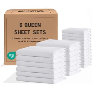 Maple&Stone Queen Sheet Sets Bulk Pack of 6, Wholesale Hotel Bed Set White | Microfiber Complete Sheets Set, Wrinkle-Free, Deep Pockets, Breathable for Airbnbs Guest Bedroom and Spa