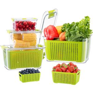 LUXEAR Fruit Vegetable Storage Container, 4 Pack Fresh Containers for Fridge with Lids BPA-Free Produce Refrigerator Organizer for Fruit, Veggie, Berry, Meat Storage Keep Fresh Longer-Green