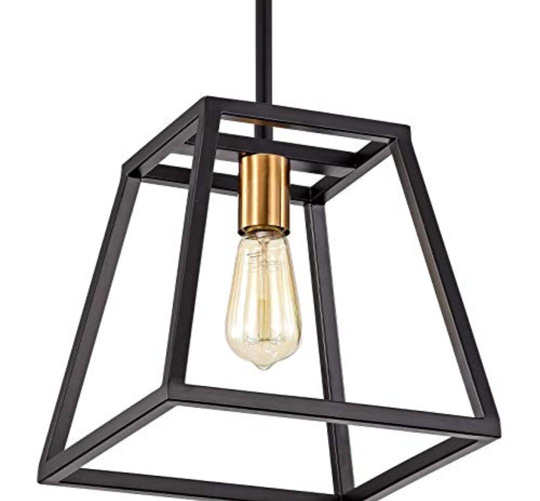 ACLand Industrial 1-Light Pendant Light Fixture Farmhouse Kitchen Island Ceiling Hanging Lighting with Metal Frame in Matte Black and Polished Brass Finish for Living & Bedroom, Corridor