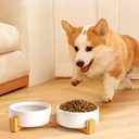 Kimdio Ceramic Dog Bowls with Wood Stand, 13.5OZ Pet Bowls Set of 2 for Medium Small Dogs and Cats - Non-Slip Base Cute Pet Food & Water Basic Bowls Glaze Matte-White