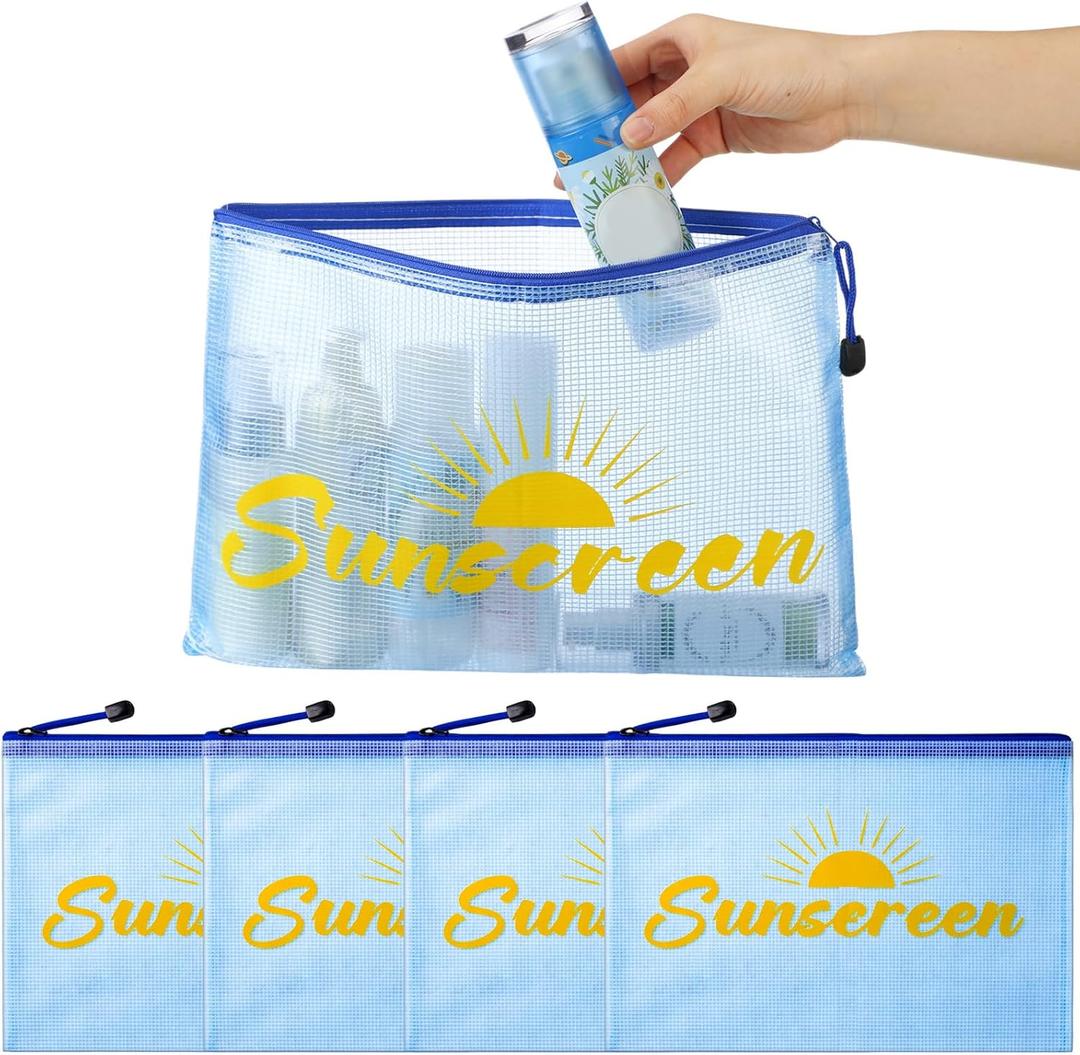 Set of 4 Sunscreen Bag Summer, Medium Size Blue Zippered Sunscreen Storage Pouch, 11.69 x 8.2 Inch Travel Portable Makeup Organizer for Summer Stuff Beach Sun Protection Essentials