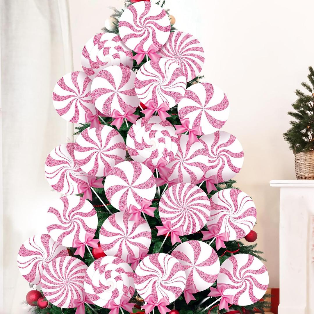 24 Pcs Large Christmas Decorations Indoor: Pink White Peppermint Lollipop Christmas Tree Picks Swirl Lollipop Decorations for Xmas Tree Topper Home Office Party Vase Decor