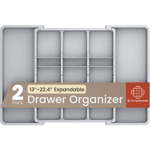 Gray Expandable Utensil Drawer Organizer 2 Pack, Adjustable 13 to 22.4, 5 Compartment Silverware Organizer for Kitchen Utensils, Spatulas, Cutlery, and Tools, Easy to Clean, Durable, and BPA-Free