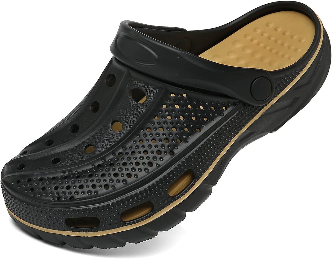 ChayChax Men's and Women's Arch Support Clogs Garden Shoes Slip-on Outdoor Beach Water Sandals with Removable Cushion Footbed (8-9 Women/6.5-7.5 Men, Black Gold)