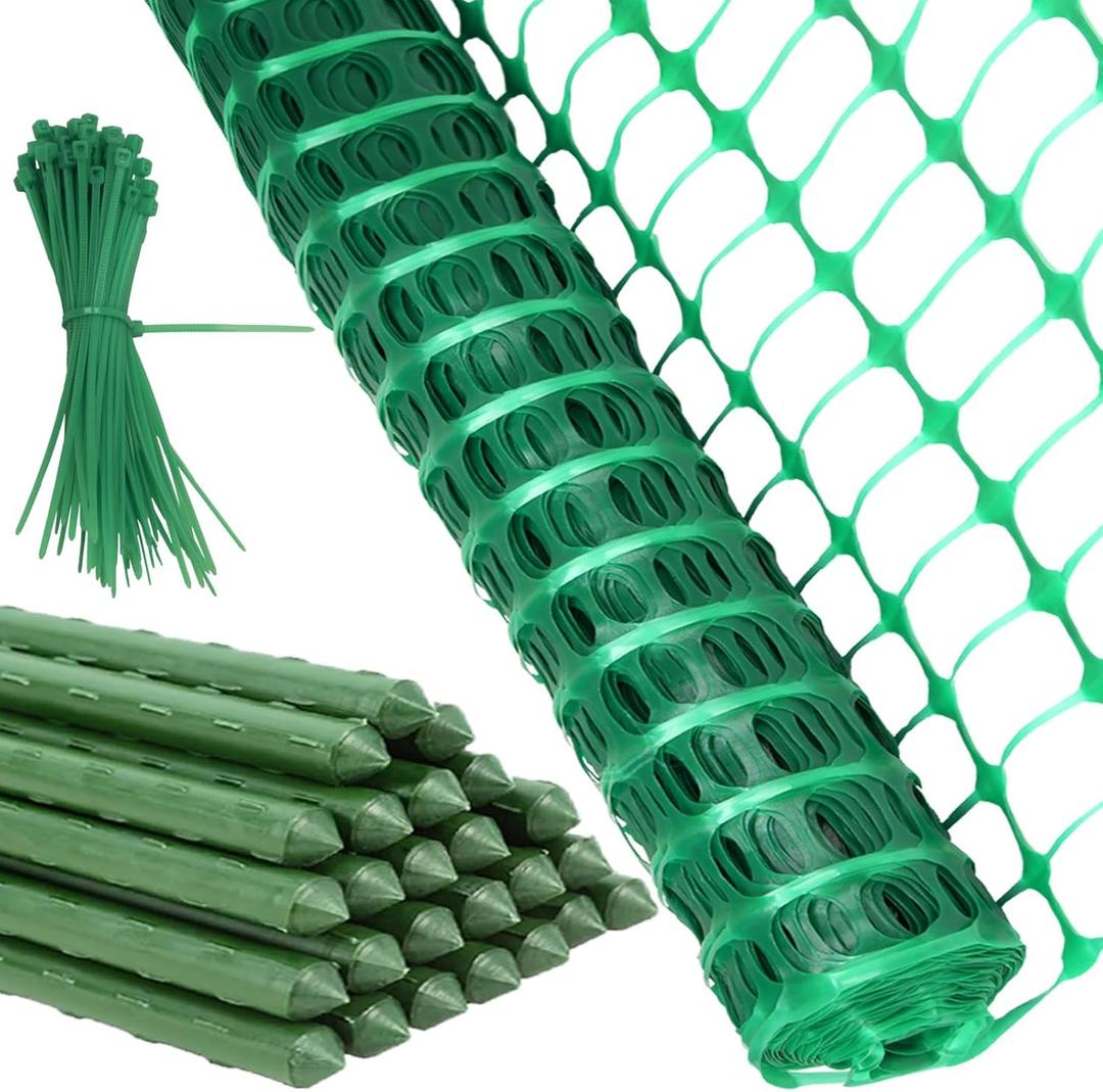 Temporary Plastic Fencing With Posts, 40In x 100 Ft Reusable Safety Fence for Construction, Snow, Garden (Green)
