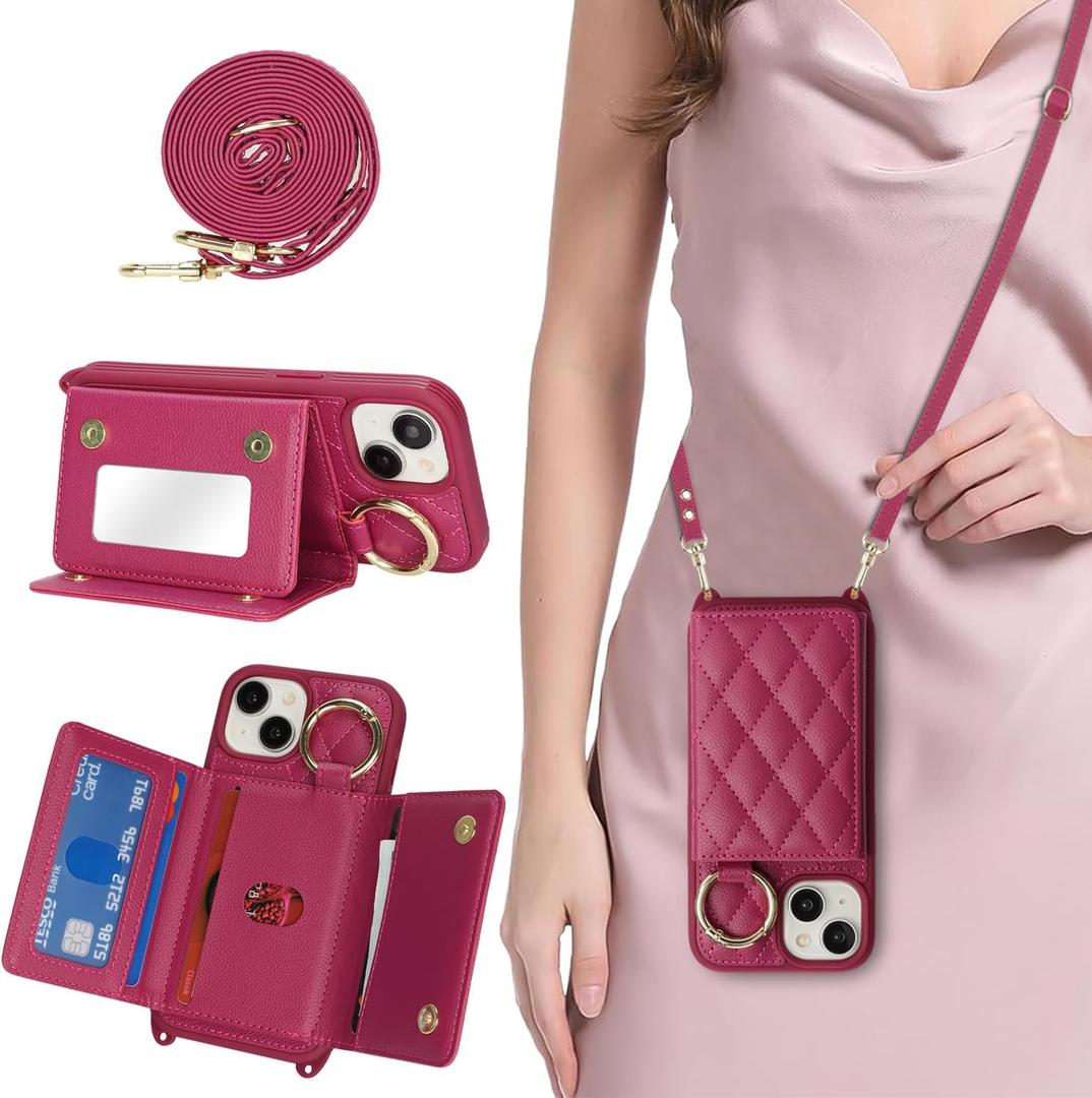 DEYHU for iPhone 14 Case with Card Holder and Strap for Women, Crossbody Lanyard, Make Up Mirror, Ring Stand, Snap Clasp, Cute Phone Wallet Cases 6.1 inch - Rose Red