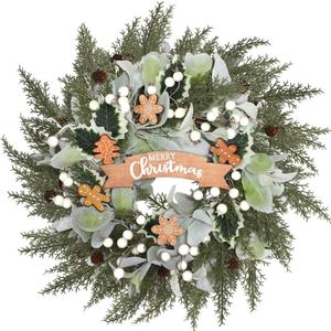 Christmas Gingerbread Wreath for Front Door 14 Inch Gingerbread Christmas Decoration Artificial Welcome Sign Wreaths with Lamb's Ear Leaves Holly Leaves Berry for Winter Farmhouse Holiday Decor (Green)