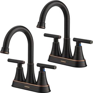 Bathroom Faucets for Sink 3 Hole, Hurran 4 inch Oil Rubbed Bronze Bathroom Sink Faucet with Pop-up Drain and Supply Hoses, Stainless Steel Lead-Free Centerset Faucets for Vanity RV, 2 Pack
