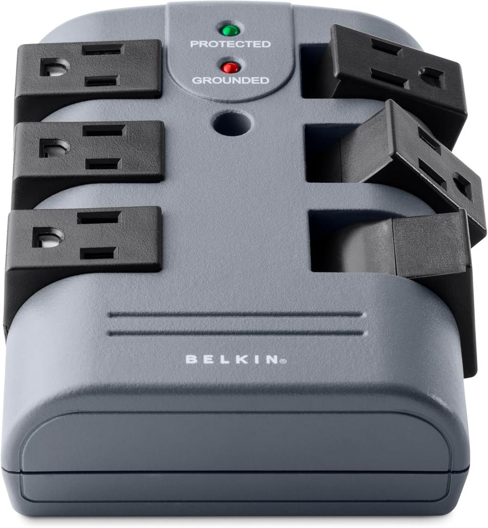 Belkin Power Strip Surge Protector - 6 Rotating AC Multiple Outlets, Flat Pivot Plug - Heavy Duty Wall Outlet Extender for Home, Office, Travel, Computer Desktop & Phone Charging Brick (1,080 Joules)