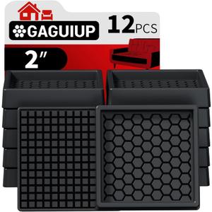 Non Slip Furniture Pads - 2x2 Anti Skid Caster Cups, 12PCS Square Furniture Coasters for Hardwood Floors, Anti Slide Furniture Cup Bed Floor Protectors, Furniture Stoppers to Prevent Sliding(Black)