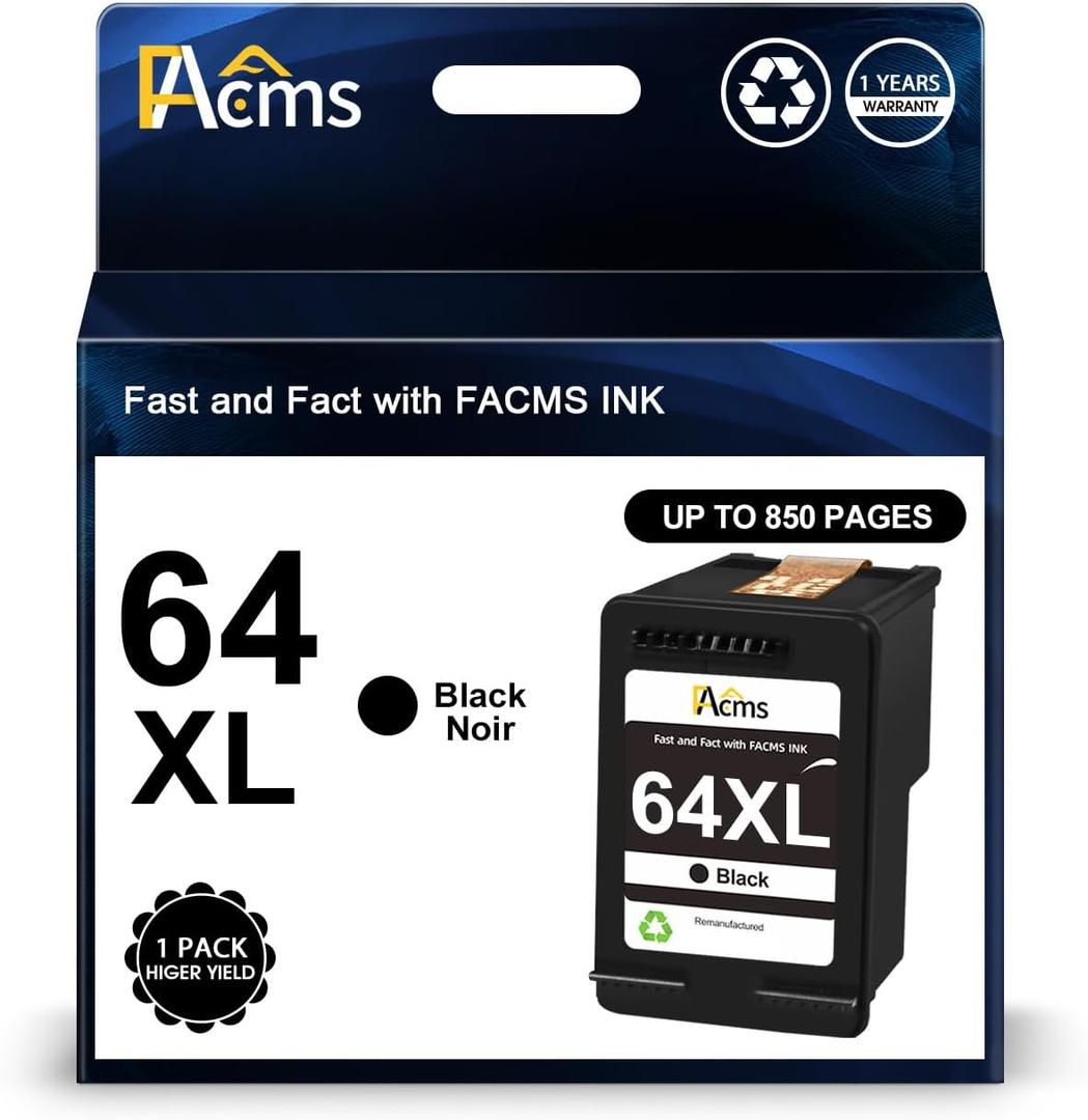 64XL Black Ink Cartridge Remanufactured for HP Ink 64 64 XL Ink 1 Pack Work for Envy 7855 7858 7155 7800 6252 6255 7100 7164 7200e 7955e 7900e Tango X Printer (1 Black)