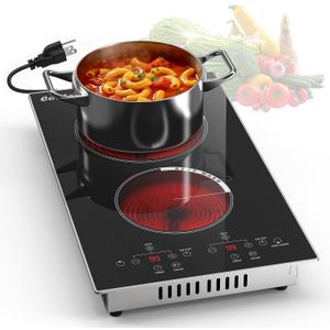 2 Burner Electric Cooktop - 110v Countertop and Built-in Electric Stove 2000W, 12 Inch Ceramic Stove with Residual Heat Indicator, Over-Temperature Protection, Knob Control, 110-120V Plug in, 12 Inch Plug Touch