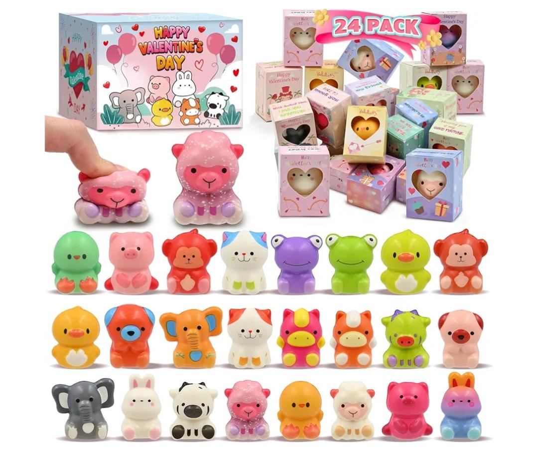 Valentines Day Gift for Kids, 24 Pack Valentines Day Cards Boxes with Animal Squishy Fidget Toys for Girls Boys, Valentines Party Favors School Classroom Exchange Treat Prizes Activity for Class