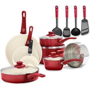 GreenLife 16 Piece Nonstick Cookware Set, Soft Grip Non-Toxic PFAS-Free Ceramic Pots & Pans, Dishwasher & Oven Safe, Frying, Sauce, Saute, Utensils, Glass Lids, Stay-Cool Handles, Wobble Free, Red