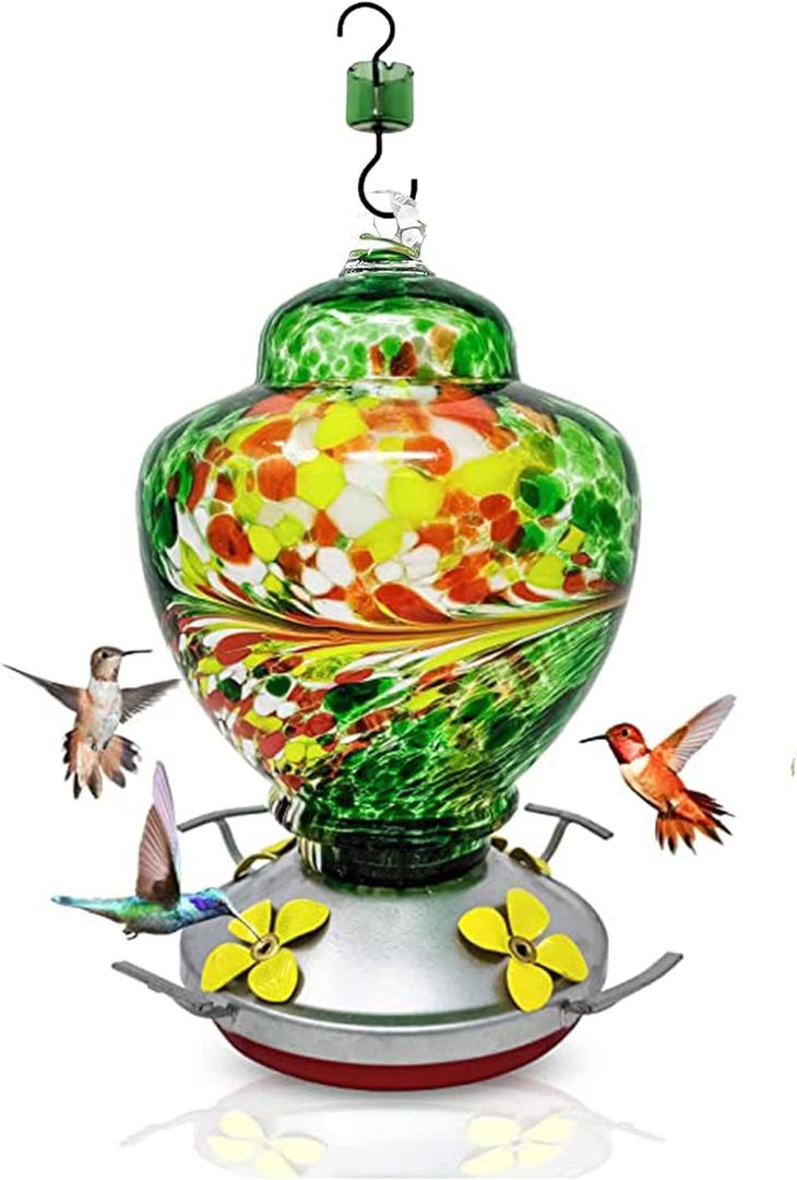 Nature Gear Glass Hummingbird Feeder for Outdoors, Hanging Bird Feeder with Ant Moat, Hand-Blown Glass Garden Feeder, Easy Clean Wide Mouth, Rust Resistant, 38 oz, Emerald Green