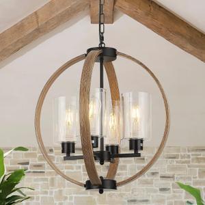 Farmhouse Chandelier Light Fixture, 18in Rustic Dining Room Chandeliers with Glass Shade 4-Light Globe Lighting Fixtures Retro Pendant Lamp for Kitchen Island Entrance Living Room (Globe/17.7in, Black+Faux Wood)