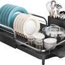 SNTD Dish Drying Rack, Expandable Dish Rack for Kitchen Counter, Stainless Steel Dish Drainer with Drainboard Set and Utensil Holder (Black)
