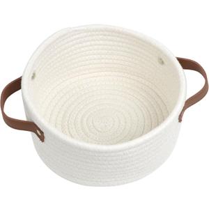 Small Woven Basket, Cute Mini Cotton Rope Storage Basket with leather handle, Tiny Decorative Round Storage Bin, Boho Empty Gift Baskets for Organizing, Toy Organizer for Nursery (Narrow handle)