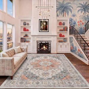 Temedara Area Rug 8x10 Washable Rugs, Large Rugs for Bedroom Living Room, Vintage Non-Slip, Stain Resistant, Low Pile Soft Carpet for Dining Room, Kitchen, Home Office, Pet Friendly, Easy to Clean