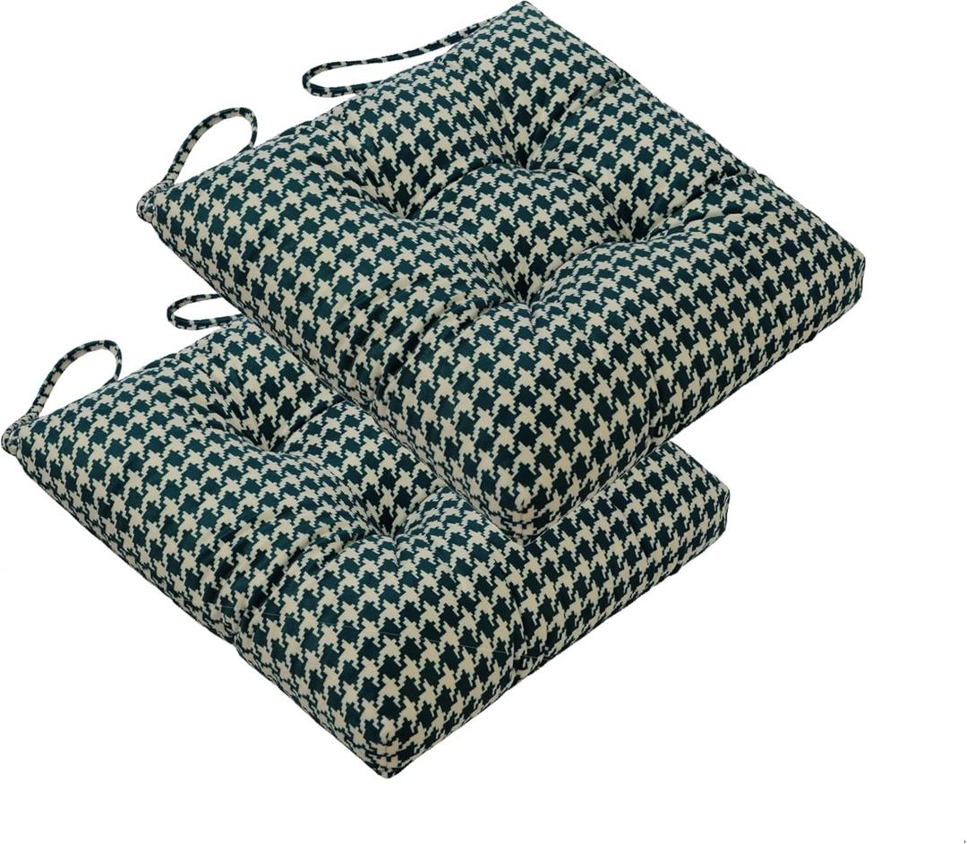 2-Pack Outdoor/Indoor Wicker Patio Seat Cushion Pad with Ties - Dining Chair Cushion, 17" x 17" (Green Houndstooth)