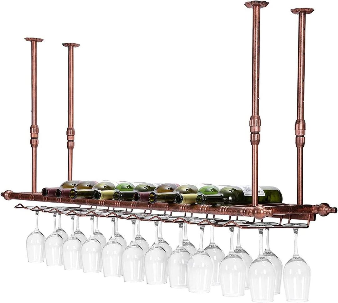 Wine Glass Holder Creative Hanging Wine Glass Holder Upside Down Wine Glass Holde Hanging Wine Glass Holde -47.3", Can Hang 30 Glasses and 11 Red Wine Bottles (Brown)