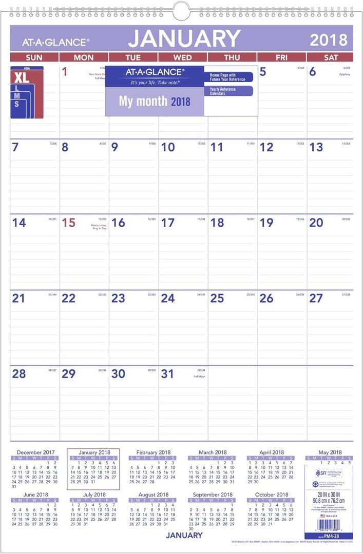 AT-A-GLANCE PM428-18 Monthly Wall Calendar, January 2018 - December 2018, 20" x 30", Wirebound (PM428)
