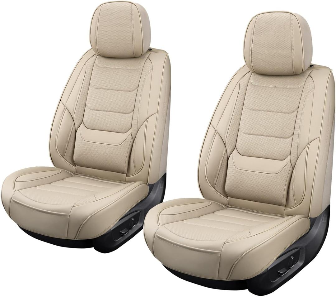 Leather Front Car Seat Covers Breathable Seat Covers Waterproof Seat Protectors Universal Fit for Most Automotive Cars SUV Trucks Van (Beige, Front Pair)
