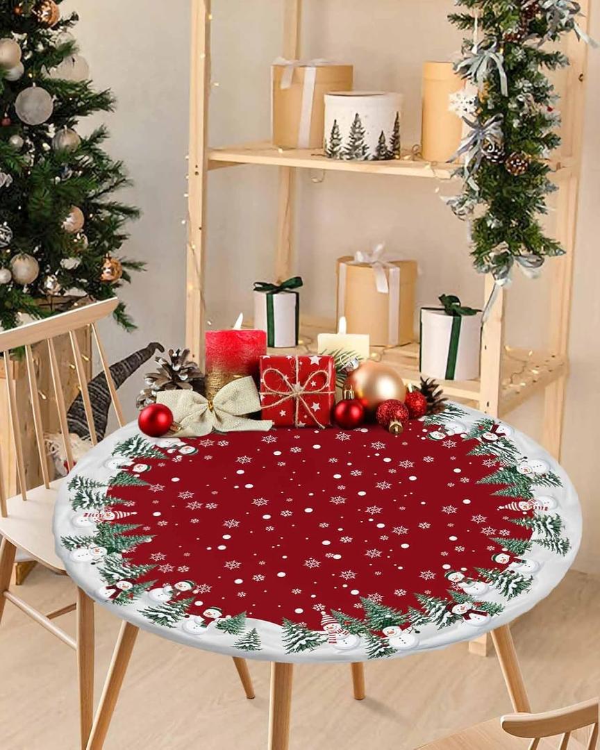 Christmas Light Round Fitted Tablecloth for Round Table,Xmas Red Floral Waterproof Table Cloth Table Cover with Elastic Edge,Winter Snowflake Red Circle Table Cover for Kitchen Indoor Outdoor 36-44in