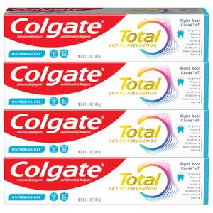 Colgate Total Active Prevention Whitening Gel Toothpaste with Fluoride, Bulk with Clinically Proven Formula That Fights Plaque Bacteria, Mint, 4 Pack, 5.1 oz Best Before 2027