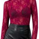 Womens Mesh Long Sleeve Top Sheer Blouse Sexy See Through Tee Shirt Lace Tops, Size M