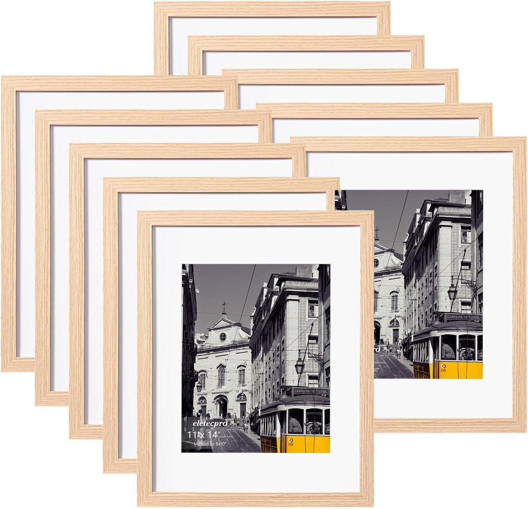 eletecpro 11x14 Picture Frames Set of 10, Picture Frame Collage Wall Decor Display 8x10 Photo With Mat or 11x14 without Mat, Home Decor Gallery Wall Frame for Wall Mounting, Natural