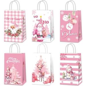 Justforjoyful 12Pcs Pink Christmas Party Favor Bags Pink Santa Claus Treat Bags Xmas Snowman Goody Bags Merry Christmas Paper Gift Bag with Handle Decorations for Winter Holiday Party Supplies