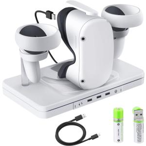TNP Charging Dock for Oculus Quest 2 - VR Headset and Controller Charging Dock Station USB-C Cable Fast Charging and Data Transfer with RGB Light, 3X USB 2.0 Ports and 2X Rechargeable Batteries